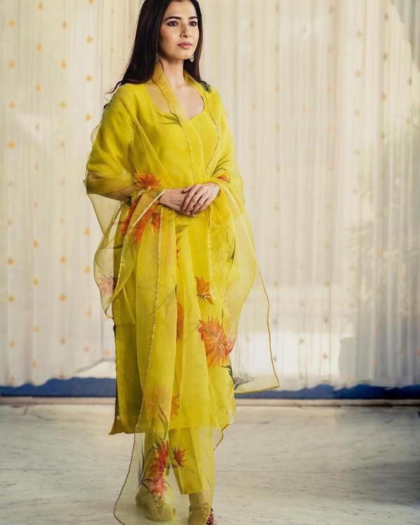 Lemon Elegant Pure Maska Cotton Silk Kurti Set with Organza Dupatta