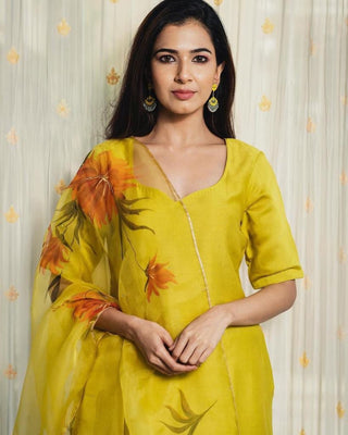Lemon Elegant Pure Maska Cotton Silk Kurti Set with Organza Dupatta
