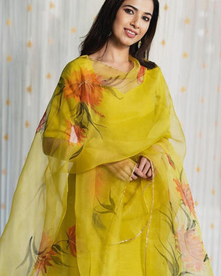 Lemon Elegant Pure Maska Cotton Silk Kurti Set with Organza Dupatta