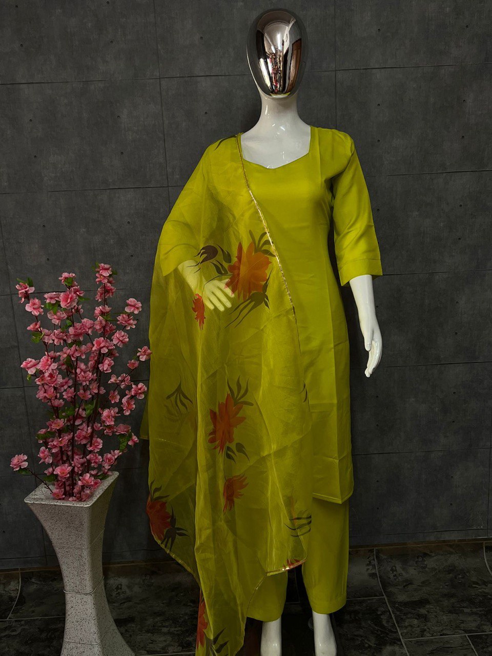 Lemon Elegant Pure Maska Cotton Silk Kurti Set with Organza Dupatta