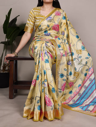 Lemon Elegant Tasar Silk Saree with Traditional Floral Print & Viscose Border – 5.5 Meter Saree with Unstitched Blouse ClothsVilla