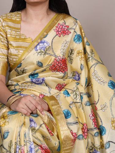 Lemon Elegant Tasar Silk Saree with Traditional Floral Print & Viscose Border – 5.5 Meter Saree with Unstitched Blouse ClothsVilla