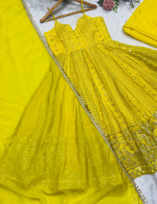 Lemon Organza Embroidered Gown Sharara Set ClothsVilla