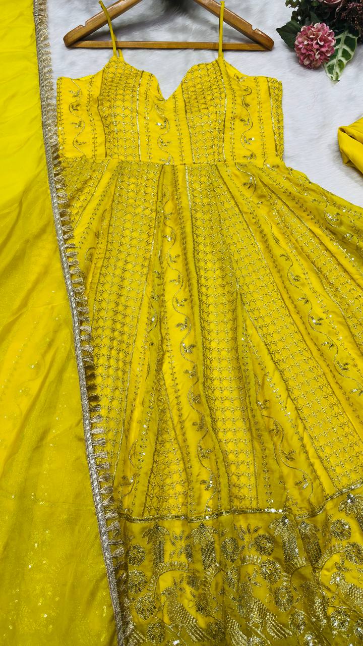Lemon Organza Embroidered Gown Sharara Set ClothsVilla