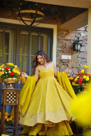 Lemon Organza Embroidered Gown Sharara Set ClothsVilla