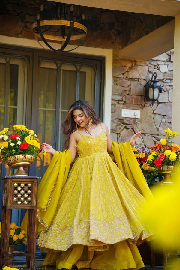 Lemon Organza Embroidered Gown Sharara Set ClothsVilla