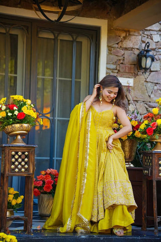 Lemon Organza Embroidered Gown Sharara Set ClothsVilla