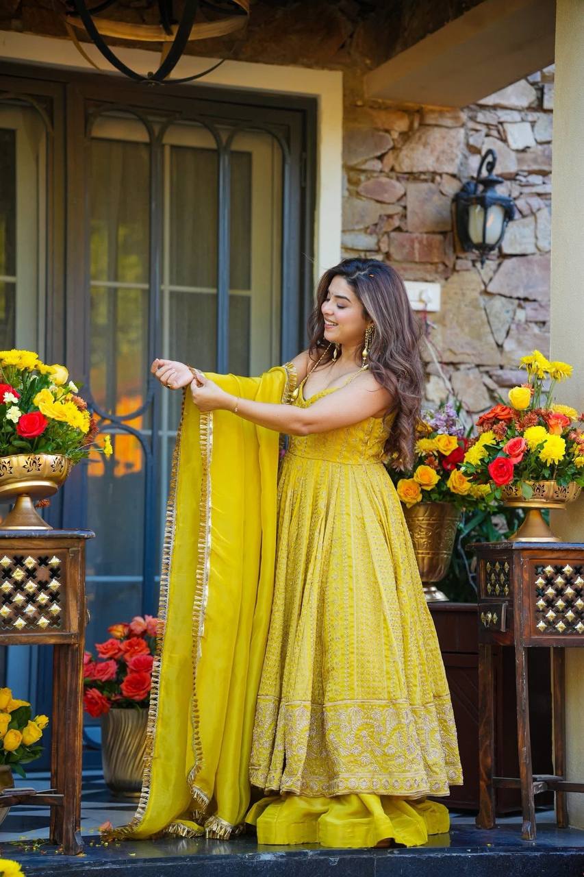 Lemon Organza Embroidered Gown Sharara Set ClothsVilla