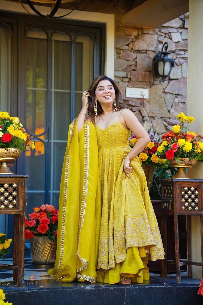 Lemon Organza Embroidered Gown Sharara Set ClothsVilla