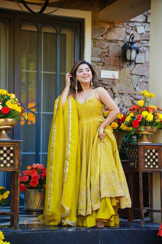 Lemon Organza Embroidered Gown Sharara Set ClothsVilla