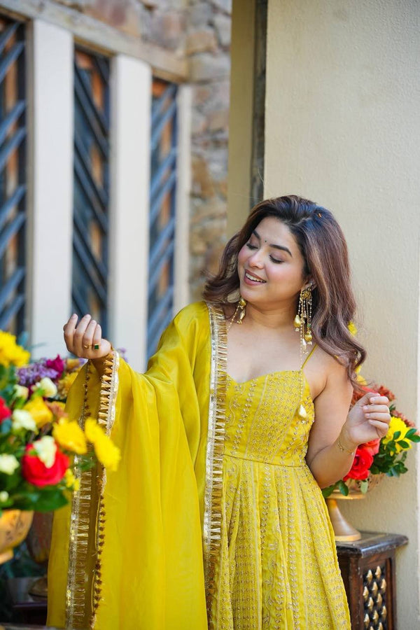 Lemon Organza Embroidered Gown Sharara Set ClothsVilla