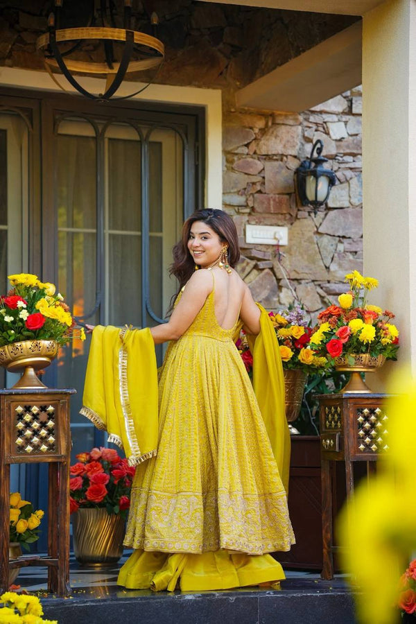 Lemon Organza Embroidered Gown Sharara Set ClothsVilla