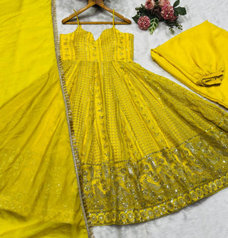 Lemon Organza Embroidered Gown Sharara Set ClothsVilla