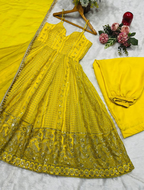 Lemon Organza Embroidered Gown Sharara Set ClothsVilla