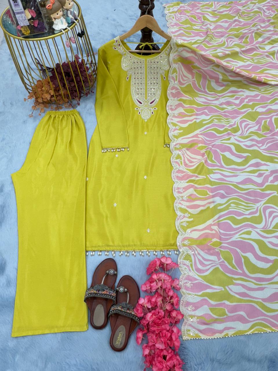 Lemon Premium Designer Pur Chinon Silk Top, Plazzo & Dupatta Set – Party Wear Elegance Clothsvilla