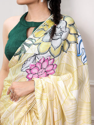 Lemon Printed Satin Saree ClothsVilla