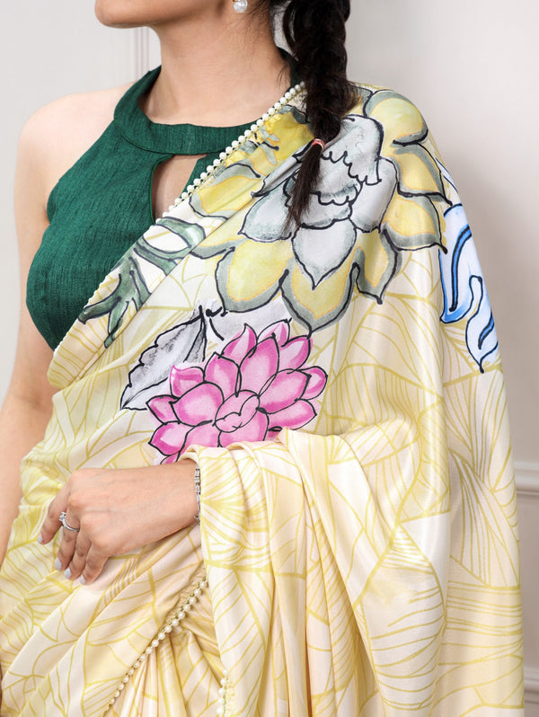 Lemon Printed Satin Saree ClothsVilla