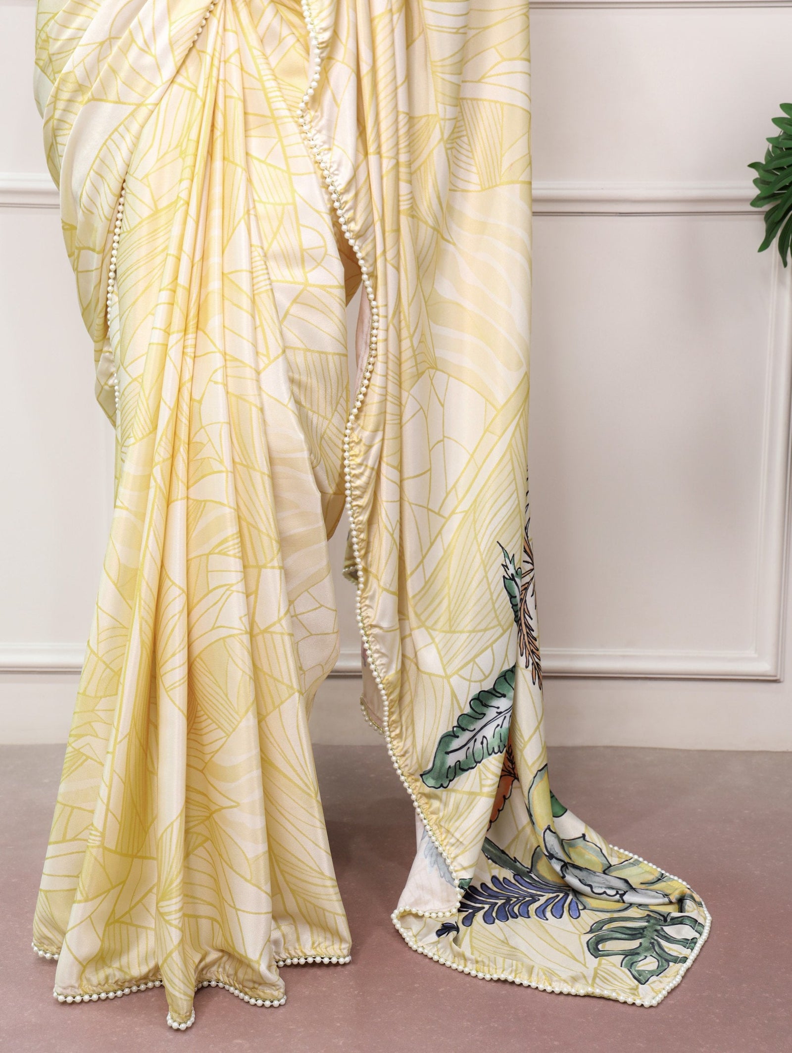 Lemon Printed Satin Saree ClothsVilla