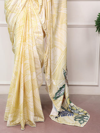 Lemon Printed Satin Saree ClothsVilla