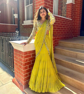Lemon Ready-to-Wear Lehenga Saree – Elegant Faux Georgette with Coin Lace Border