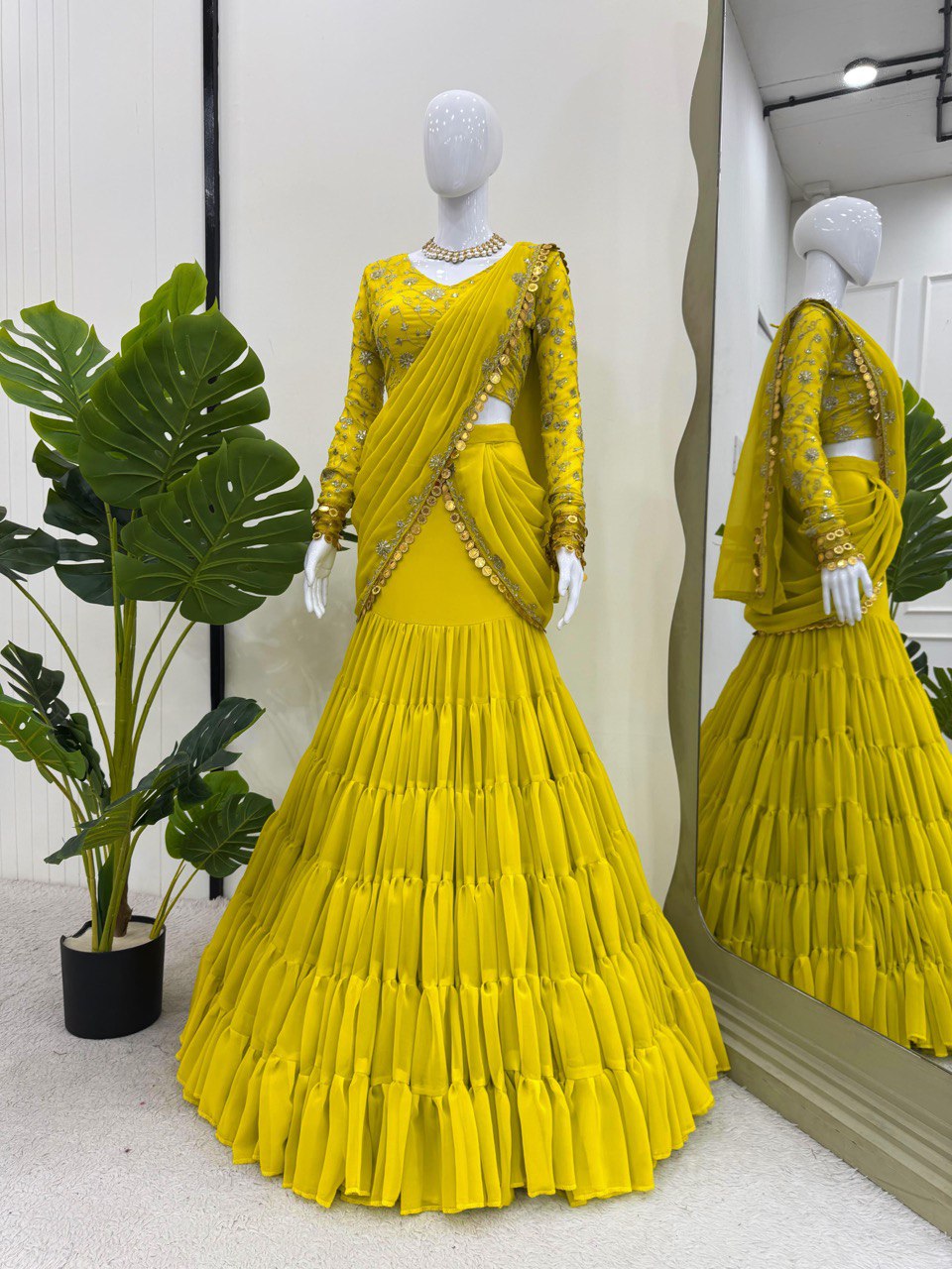 Lemon Ready-to-Wear Lehenga Saree – Elegant Faux Georgette with Coin Lace Border