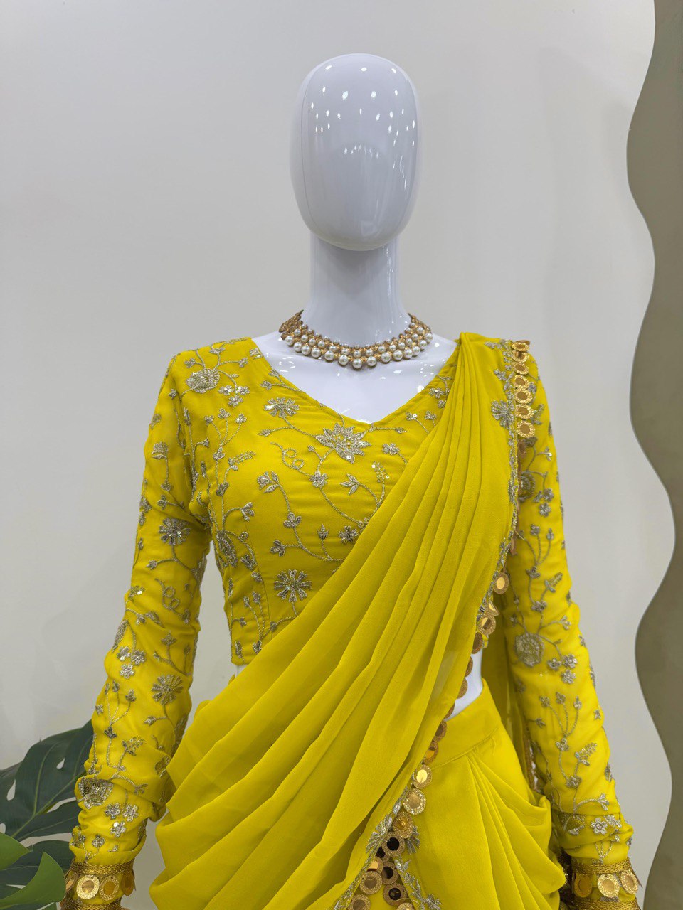 Lemon Ready-to-Wear Lehenga Saree – Elegant Faux Georgette with Coin Lace Border