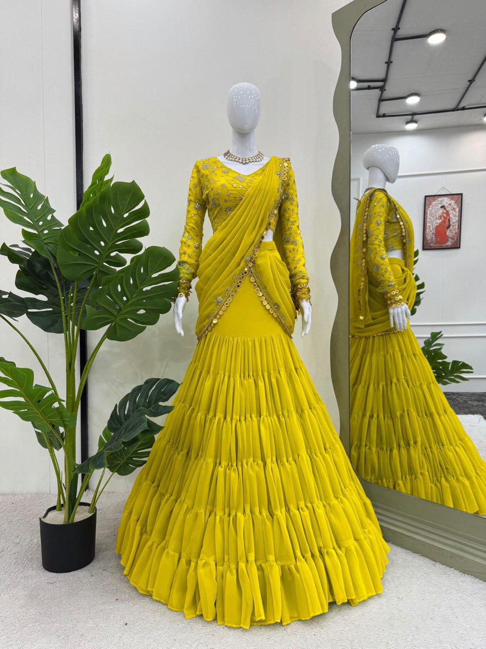 Lemon Ready-to-Wear Lehenga Saree – Elegant Faux Georgette with Coin Lace Border