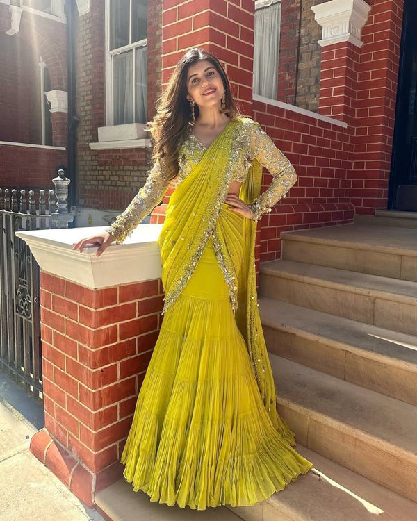 Lemon Ready-to-Wear Lehenga Saree – Elegant Faux Georgette with Coin Lace Border