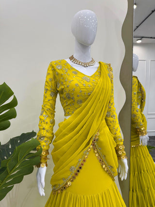 Lemon Ready-to-Wear Lehenga Saree – Elegant Faux Georgette with Coin Lace Border