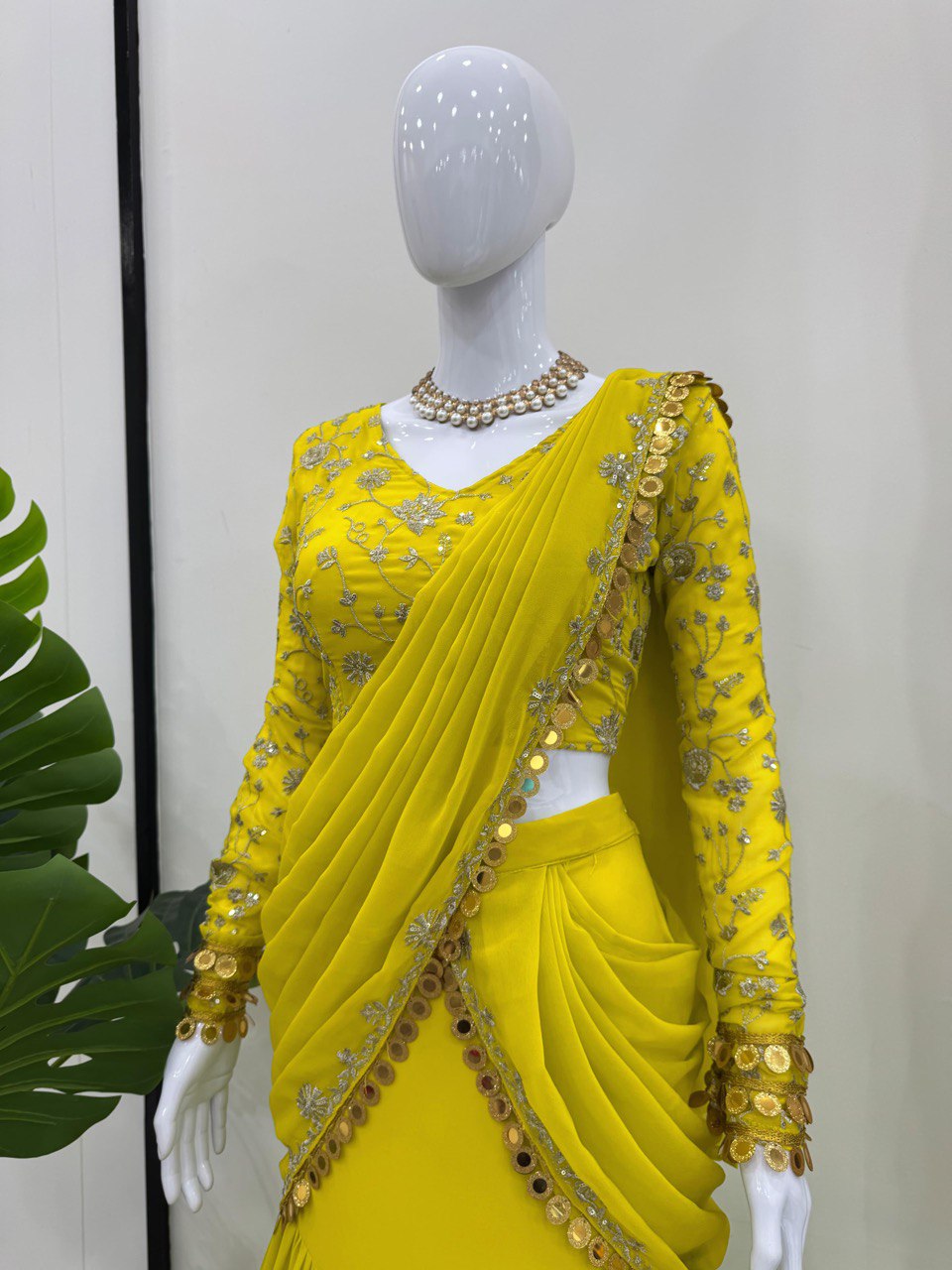Lemon Ready-to-Wear Lehenga Saree – Elegant Faux Georgette with Coin Lace Border
