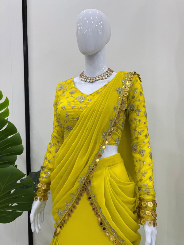 Lemon Ready-to-Wear Lehenga Saree – Elegant Faux Georgette with Coin Lace Border