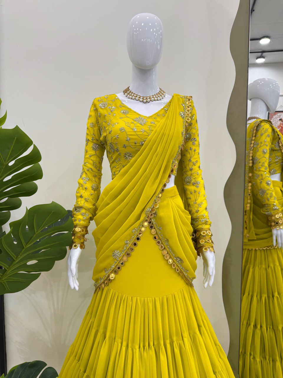 Lemon Ready-to-Wear Lehenga Saree – Elegant Faux Georgette with Coin Lace Border