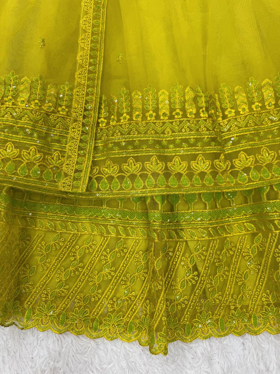 Lemon yellow Designer Butterfly Net Kediya Shrug Lehenga Set with Sequins & Thread Work ClothsVilla