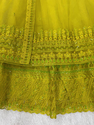Lemon yellow Designer Butterfly Net Kediya Shrug Lehenga Set with Sequins & Thread Work ClothsVilla