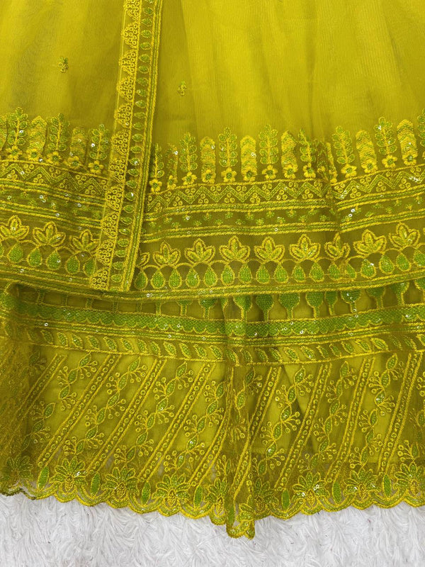 Lemon yellow Designer Butterfly Net Kediya Shrug Lehenga Set with Sequins & Thread Work ClothsVilla