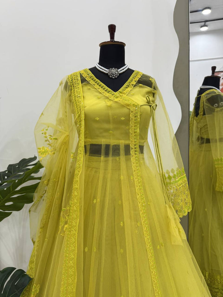 Lemon yellow Designer Butterfly Net Kediya Shrug Lehenga Set with Sequins & Thread Work ClothsVilla