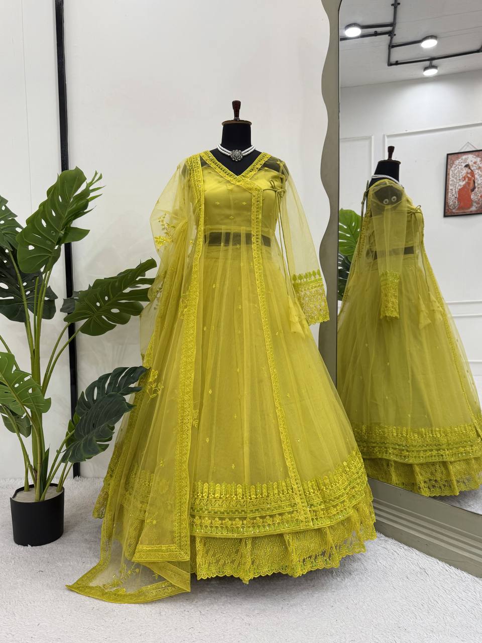 Lemon yellow Designer Butterfly Net Kediya Shrug Lehenga Set with Sequins & Thread Work ClothsVilla