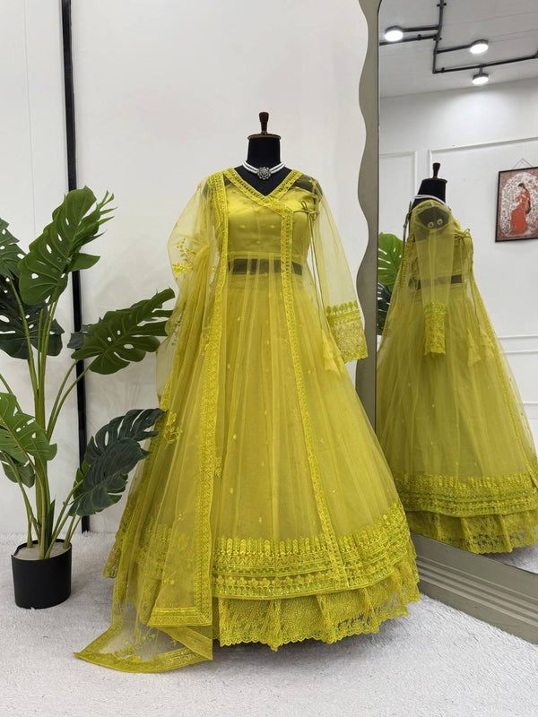 Lemon yellow Designer Butterfly Net Kediya Shrug Lehenga Set with Sequins & Thread Work ClothsVilla