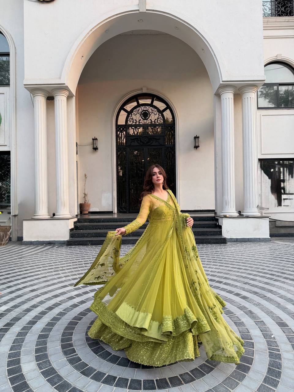 Lemon yellow Designer Butterfly Net Kediya Shrug Lehenga Set with Sequins & Thread Work ClothsVilla