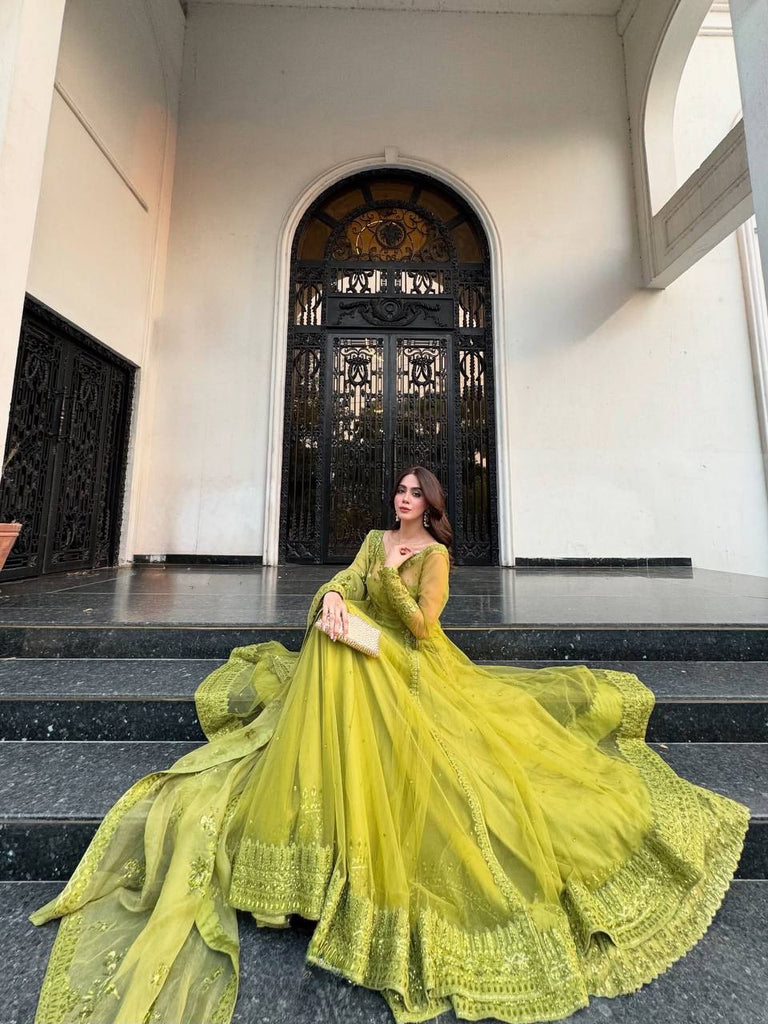 Lemon yellow Designer Butterfly Net Kediya Shrug Lehenga Set with Sequins & Thread Work ClothsVilla