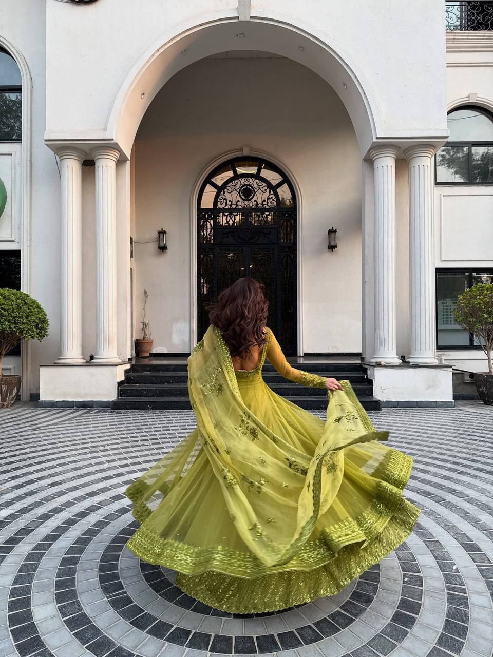 Lemon yellow Designer Butterfly Net Kediya Shrug Lehenga Set with Sequins & Thread Work ClothsVilla