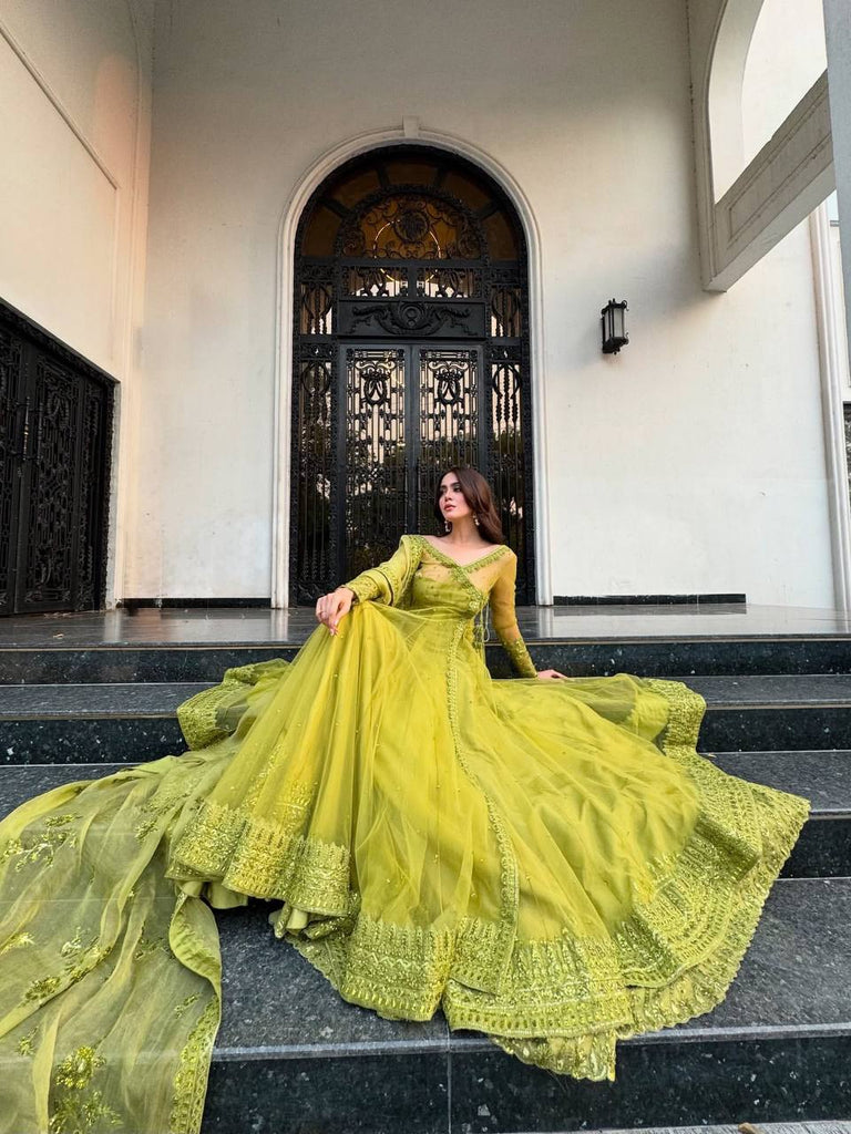 Lemon yellow Designer Butterfly Net Kediya Shrug Lehenga Set with Sequins & Thread Work ClothsVilla