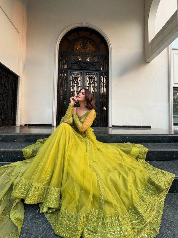 Lemon yellow Designer Butterfly Net Kediya Shrug Lehenga Set with Sequins & Thread Work ClothsVilla
