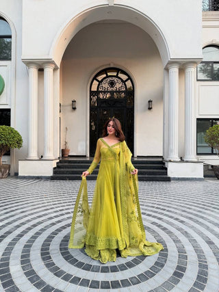Lemon yellow Designer Butterfly Net Kediya Shrug Lehenga Set with Sequins & Thread Work ClothsVilla