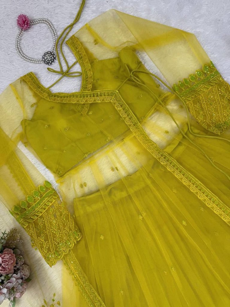 Lemon yellow Designer Butterfly Net Kediya Shrug Lehenga Set with Sequins & Thread Work ClothsVilla