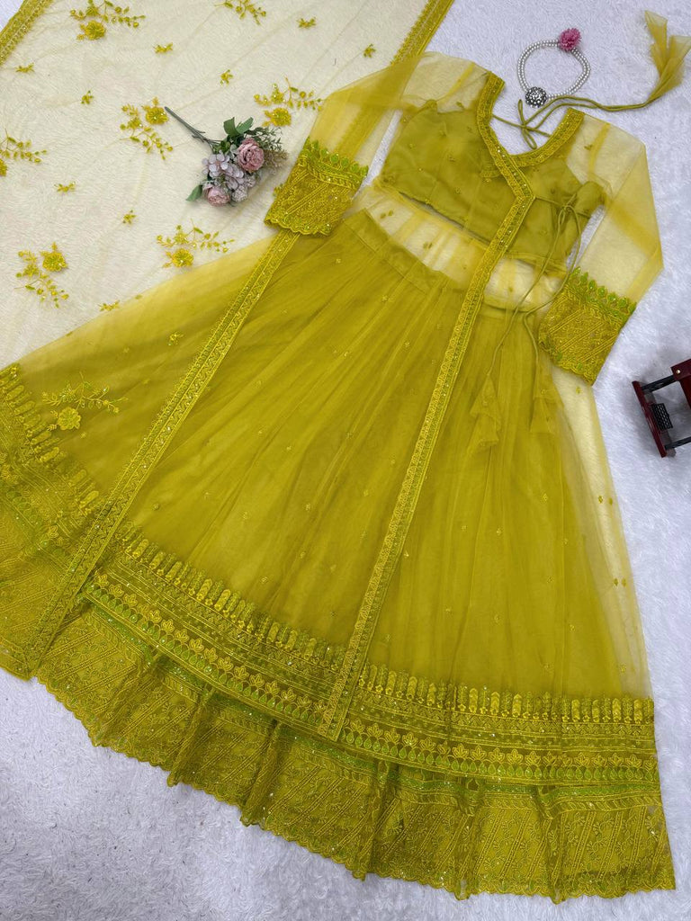 Lemon yellow Designer Butterfly Net Kediya Shrug Lehenga Set with Sequins & Thread Work ClothsVilla