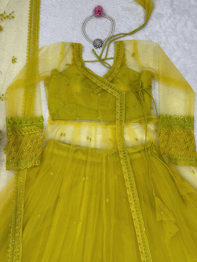 Lemon yellow Designer Butterfly Net Kediya Shrug Lehenga Set with Sequins & Thread Work ClothsVilla
