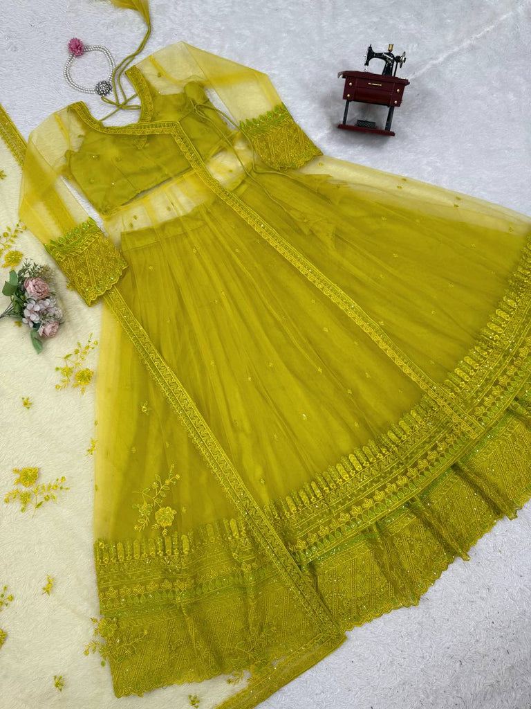 Lemon yellow Designer Butterfly Net Kediya Shrug Lehenga Set with Sequins & Thread Work ClothsVilla