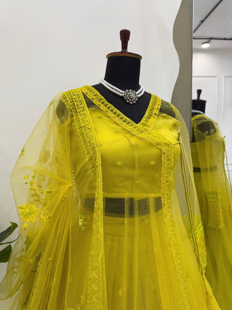 Lemon yellow Designer Butterfly Net Kediya Shrug Lehenga Set with Sequins & Thread Work ClothsVilla