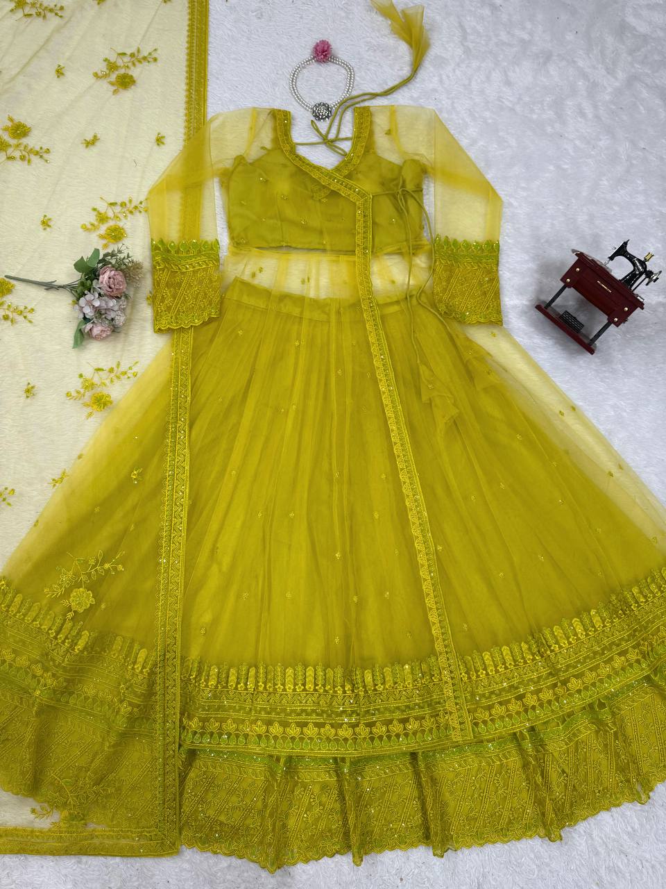 Lemon yellow Designer Butterfly Net Kediya Shrug Lehenga Set with Sequins & Thread Work ClothsVilla